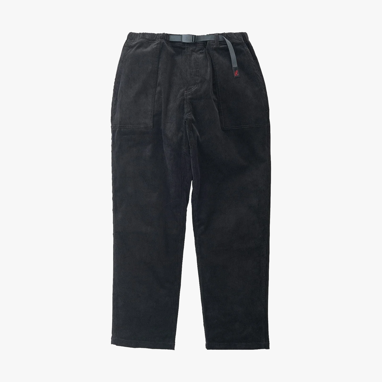 The Gramicci Corduroy Loose Tapered Ridge Pant features black stretch corduroy, an elastic waistband, and built-in belted closure, shown on a white background.
