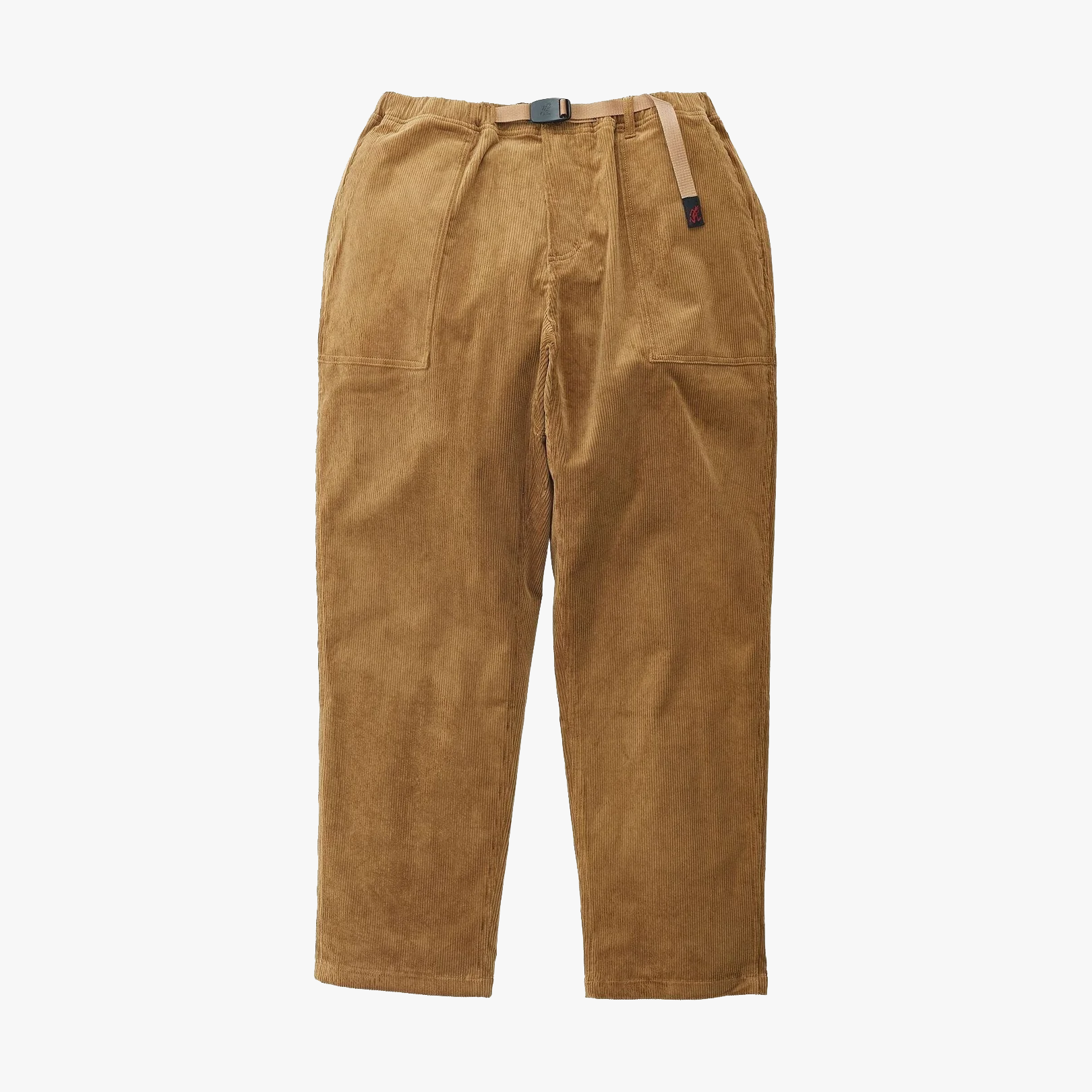 The Gramicci Corduroy Loose Tapered Ridge Pant, in brown, features stretch fabric, front patch pockets, and a built-in belted closure, shown laid flat on a white background.