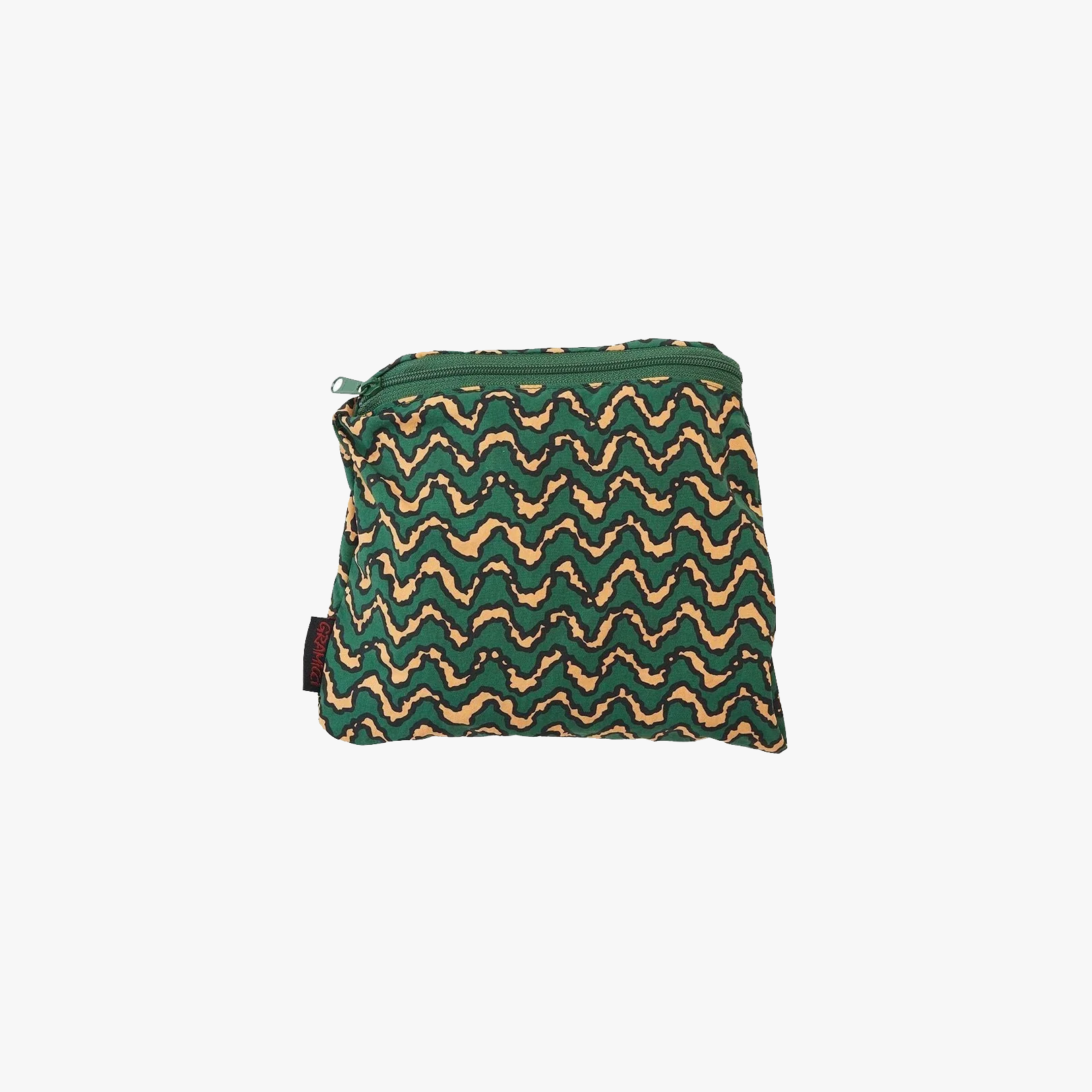 Gramicci’s Nylon Packable G-Short pouch features a zigzag orange pattern on durable fabric, inspired by their iconic shorts, and is displayed from the front against a plain white background.