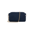 The Helen Chain Purse from Aiayu is a textured, dark blue handbag with a stunning gold chain strap and an elegant bubble knit design.