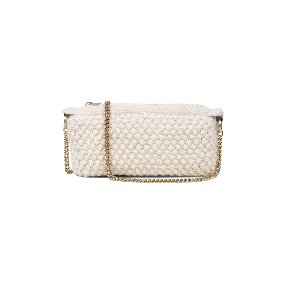 The Helen Chain Purse by Aiayu is a textured white handbag featuring a bubble knit design and a gold chain strap, elegantly displayed on a plain black background.
