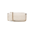 The Helen Chain Purse by Aiayu is a textured white handbag featuring a bubble knit design and a gold chain strap, elegantly displayed on a plain black background.