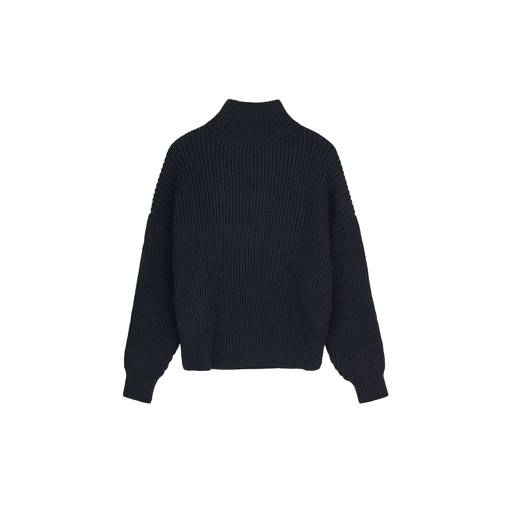 The image shows the back view of the Hera High Neck Sweater, a dark blue, ribbed turtleneck made from Sartuul wool by Aiayu, displayed on a white background to highlight its elegant details.