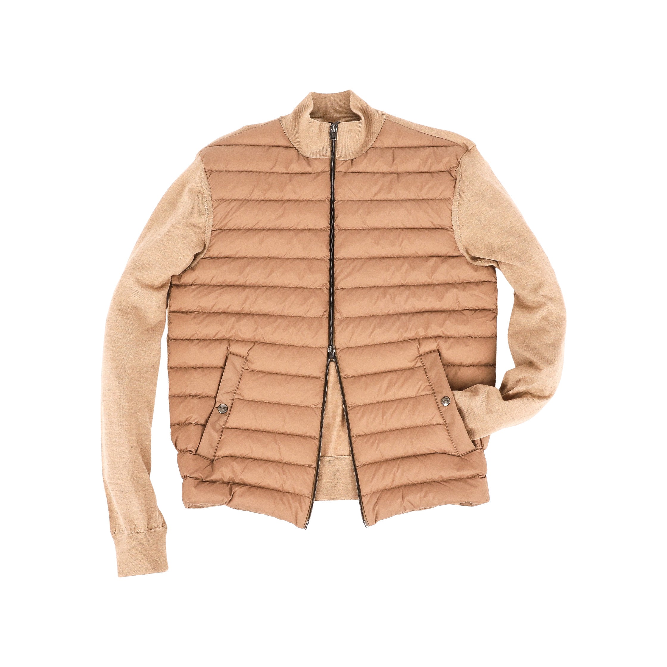 The Herno Men's Zip Front Cardigan in camel features quilted panels, silky-soft nylon, knitted sleeves and collar, and two side pockets, shown laid flat on a white background.