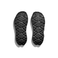 The image displays the textured soles of Hoka's U Ora Primo black slip-on comfort shoes, placed side by side on a white background.
