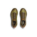 The Hoka U Mafate Speed 2 in Dark Olive/Golden Lichen features the Vibram Mega-Grip for trail adventures, showcasing its green and orange design with white laces from an aerial view.