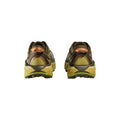 The back view of Hoka's U Mafate Speed 2 athletic shoes in Dark Olive/Golden Lichen, featuring thick Vibram Mega-Grip soles, ready for trail adventures, on a white background.