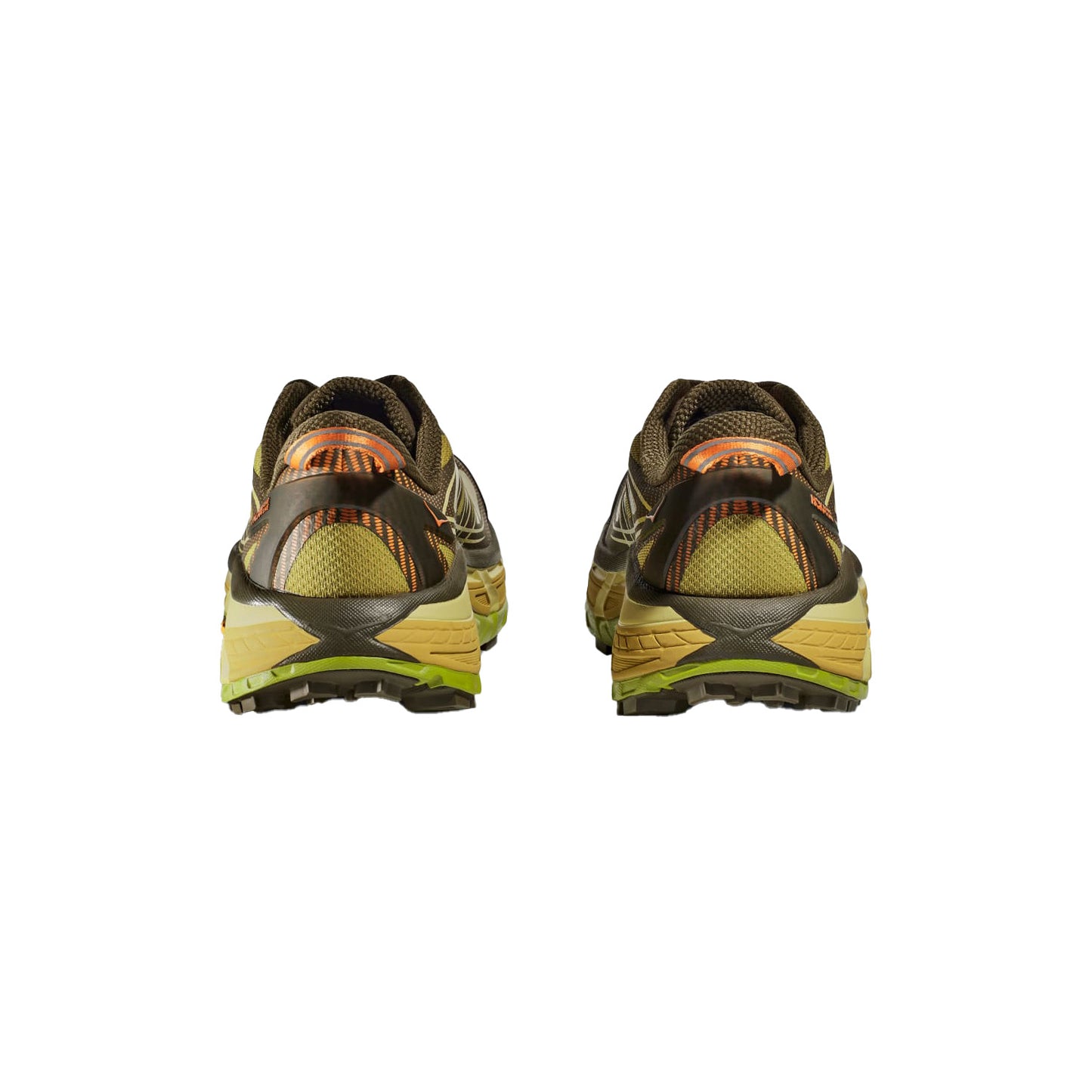 The back view of Hoka's U Mafate Speed 2 athletic shoes in Dark Olive/Golden Lichen, featuring thick Vibram Mega-Grip soles, ready for trail adventures, on a white background.