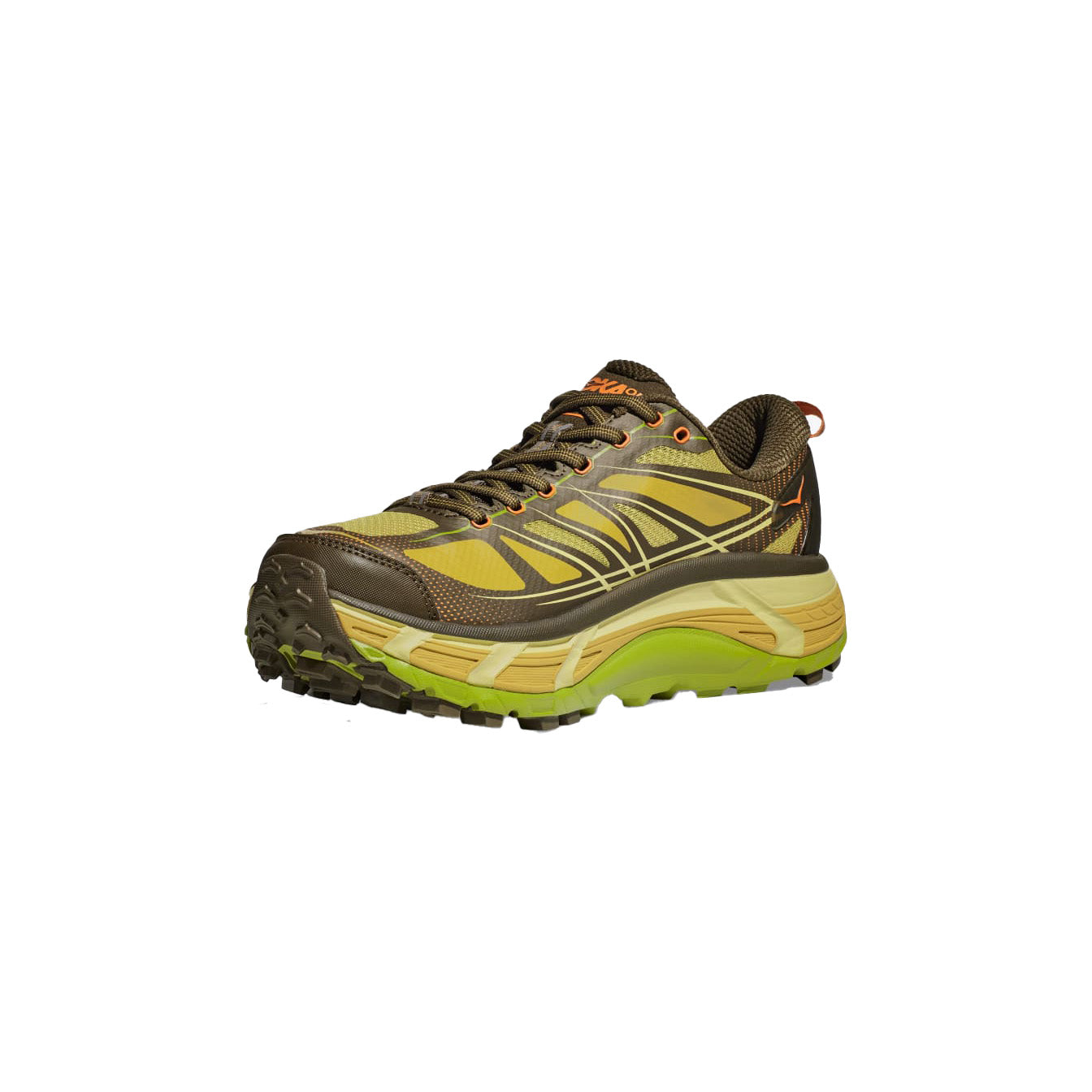 The Hoka U Mafate Speed 2 in Dark Olive/Golden Lichen, featuring a thick sole and Vibram Mega-Grip for superior traction, is perfect for trail adventures. The shoe is displayed on a plain white background.