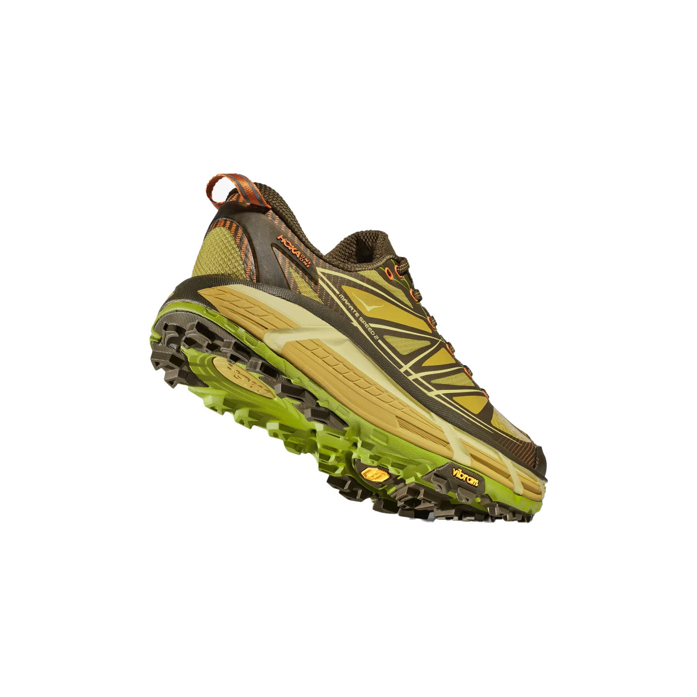 The Hoka U Mafate Speed 2 in Dark Olive/Golden Lichen, shown on a white background, showcases its rugged Vibram Mega-Grip high-traction sole designed for trail adventures.