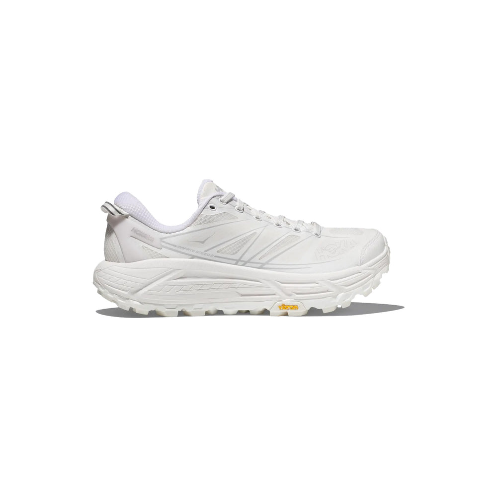 The Hoka U Mafate Speed 2 in White/Lunar Rock sports a thick, textured Vibram Mega-Grip sole and subtle branding, showcased on a white background—ideal for trail adventures.