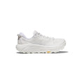 The Hoka U Mafate Speed 2 in White/Lunar Rock sports a thick, textured Vibram Mega-Grip sole and subtle branding, showcased on a white background—ideal for trail adventures.