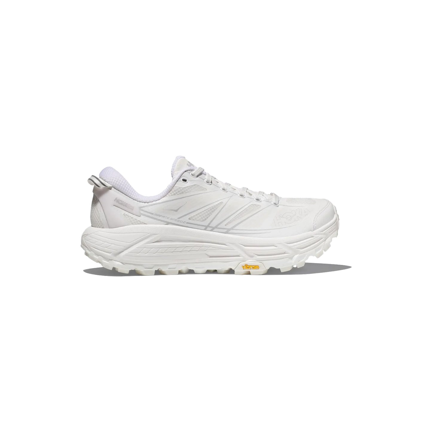 The Hoka U Mafate Speed 2 in White/Lunar Rock sports a thick, textured Vibram Mega-Grip sole and subtle branding, showcased on a white background—ideal for trail adventures.