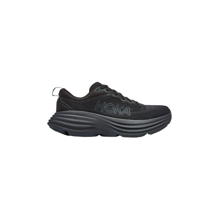 The Hoka W Bondi 8 in Black/Black is an athletic shoe with extended heel geometry for enhanced support, featuring a thick textured sole and bold "HOKA" branding on the side.