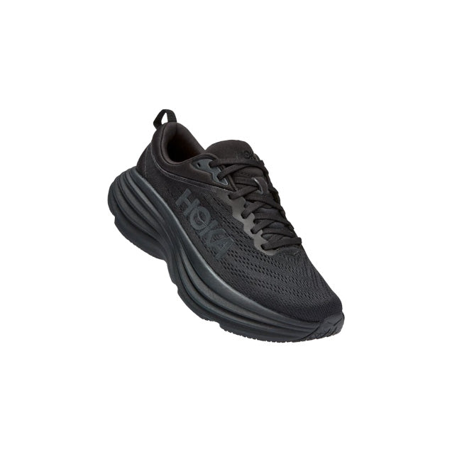The W Bondi 8 in Black/Black from Hoka showcases the brand's extended heel geometry and a thick sole, with "Hoka" prominently on its side, ensuring comfort and performance.