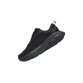 The W Bondi 8 in Black/Black by Hoka is an angled view athletic sneaker with a breathable mesh upper, lace-up design, and thick sole. It features Hoka's signature extended heel geometry for enhanced support.