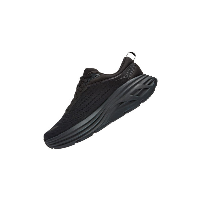 The W Bondi 8 in Black/Black by Hoka is an angled view athletic sneaker with a breathable mesh upper, lace-up design, and thick sole. It features Hoka's signature extended heel geometry for enhanced support.