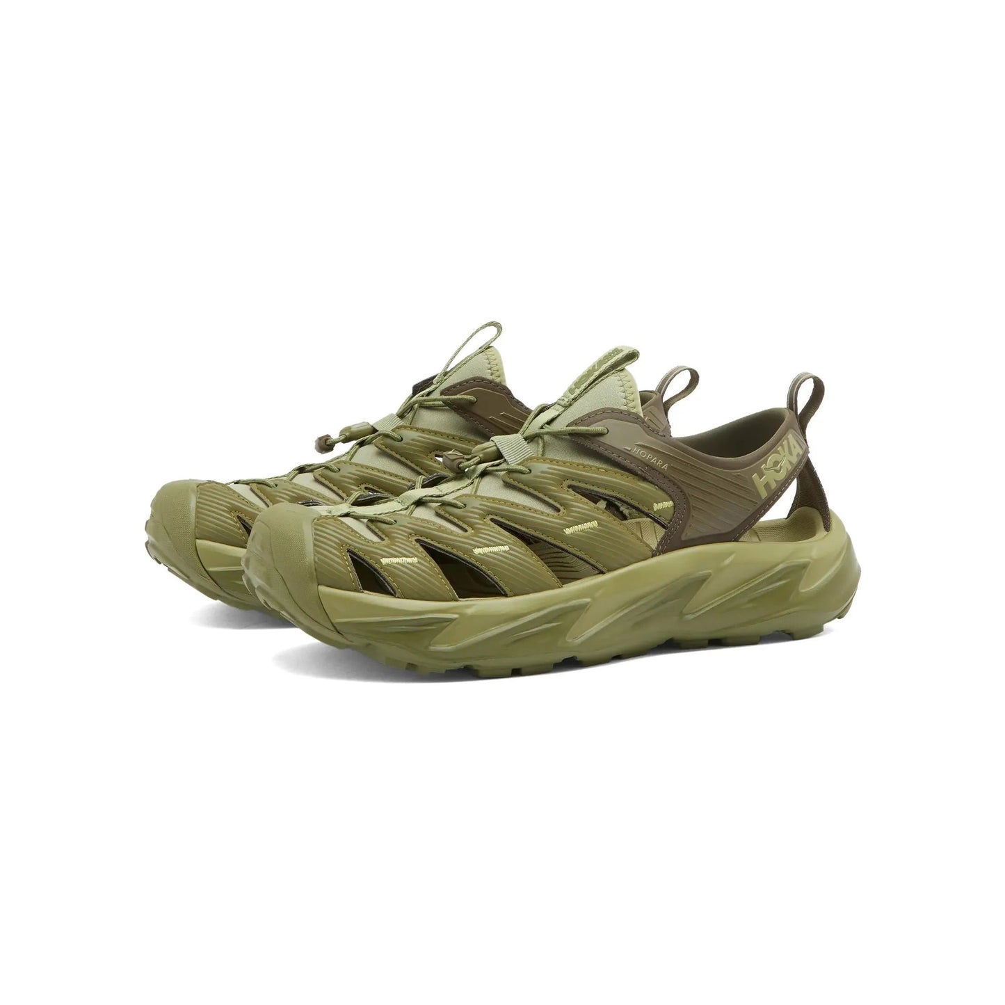 Hoka's U Hopara in Forest Floor/Fennel are olive green hiking sandals with a cut-out design, thick sole, and Quick Lace system for easy adjustments. Ideal for outdoor adventures with a sticky rubber outsole offering excellent grip.