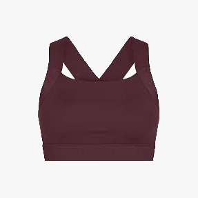 The Kay Sports Bra by Rohnisch is maroon, crafted from recycled polyester, and features wide crisscross back straps. It's displayed on a plain white background.