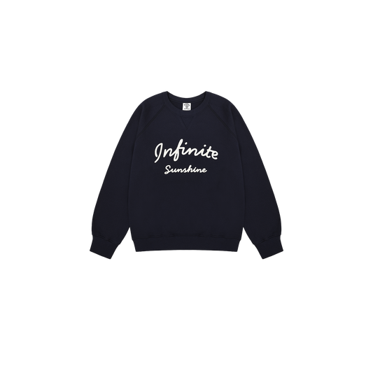 Kappy's Infinite Sunshine Sweatshirt is a unisex black crewneck with "Infinite Sunshine" embroidered in white on the front.