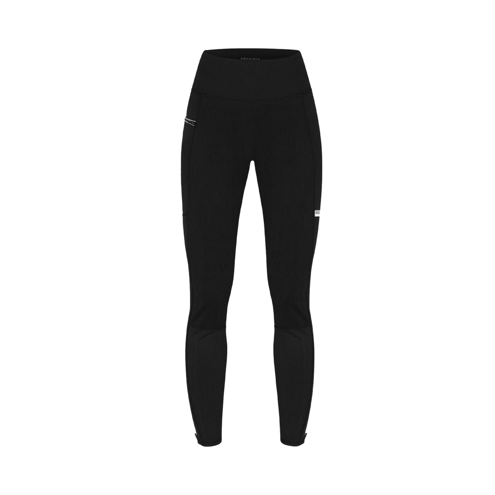 The Insulate Wind Shield Tights from Rohnisch are black, full-length leggings with a high waistband, made of waterproof interlock fabric. A discreet zipped pocket on the right adds functionality to this sleek design.