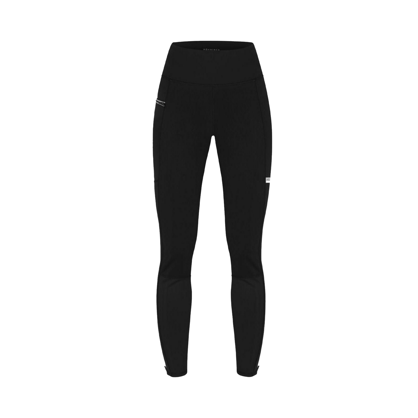 The Insulate Wind Shield Tights from Rohnisch are black, full-length leggings with a high waistband, made of waterproof interlock fabric. A discreet zipped pocket on the right adds functionality to this sleek design.
