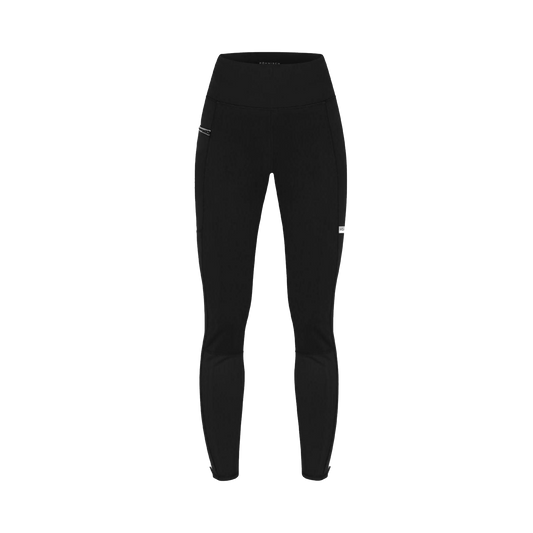 The Insulate Wind Shield Tights from Rohnisch are black, full-length leggings with a high waistband, made of waterproof interlock fabric. A discreet zipped pocket on the right adds functionality to this sleek design.