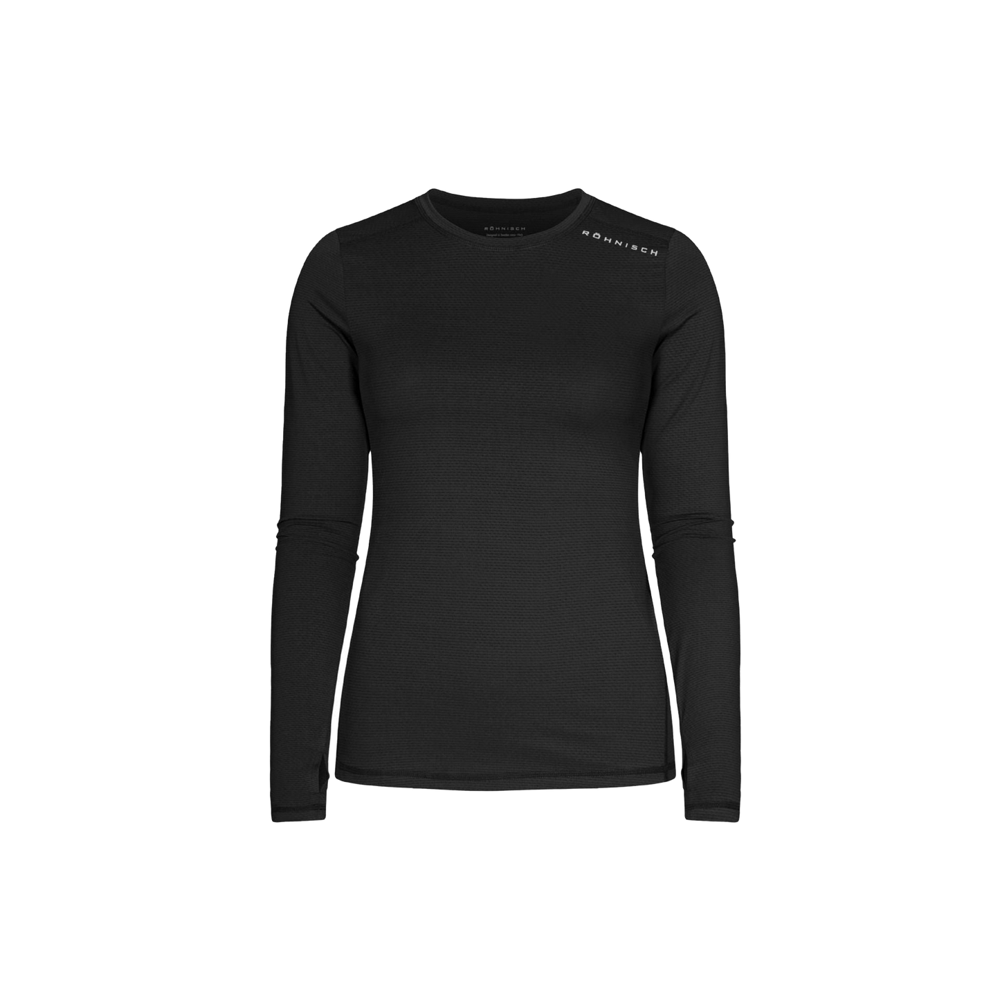 The Rohnisch Jacquard Long Sleeve Tee, in black, features a round neckline and subtle shoulder text. Made from moisture-wicking recycled polyester for comfort.