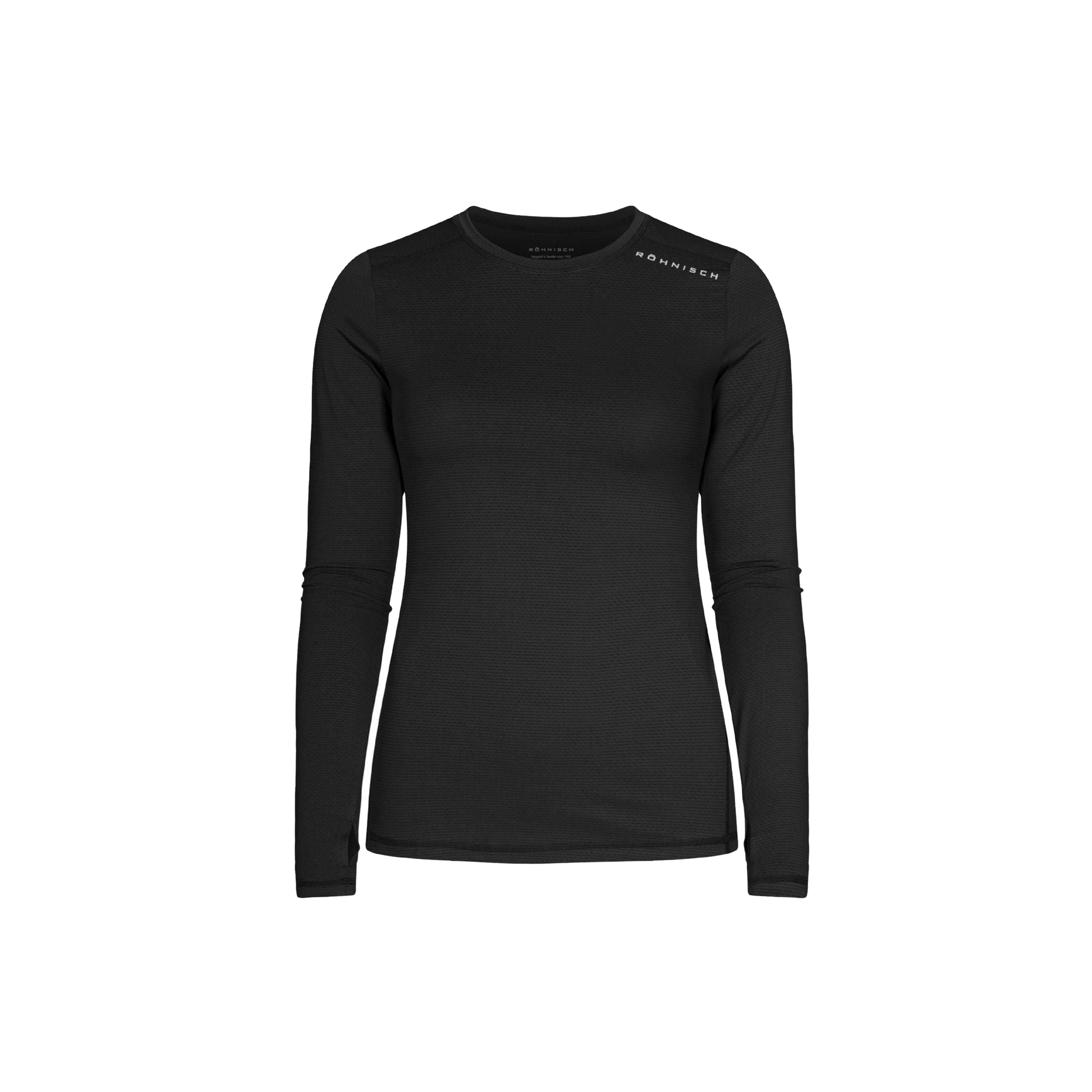 The Rohnisch Jacquard Long Sleeve Tee, in black, features a round neckline and subtle shoulder text. Made from moisture-wicking recycled polyester for comfort.