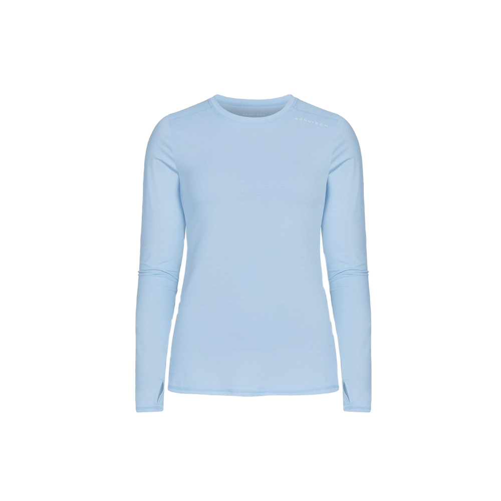The Rohnisch Jacquard Long Sleeve Tee is a light blue crew neck shirt, viewed from the front on a plain white background, featuring a simple and minimal design made from recycled polyester with moisture-wicking properties.