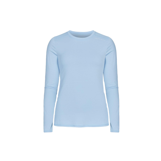 The Rohnisch Jacquard Long Sleeve Tee is a light blue crew neck shirt, viewed from the front on a plain white background, featuring a simple and minimal design made from recycled polyester with moisture-wicking properties.