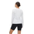 A person with a bun is facing away, wearing a Rohnisch Jacquard Long Sleeve Tee in white and black shorts against a black background.