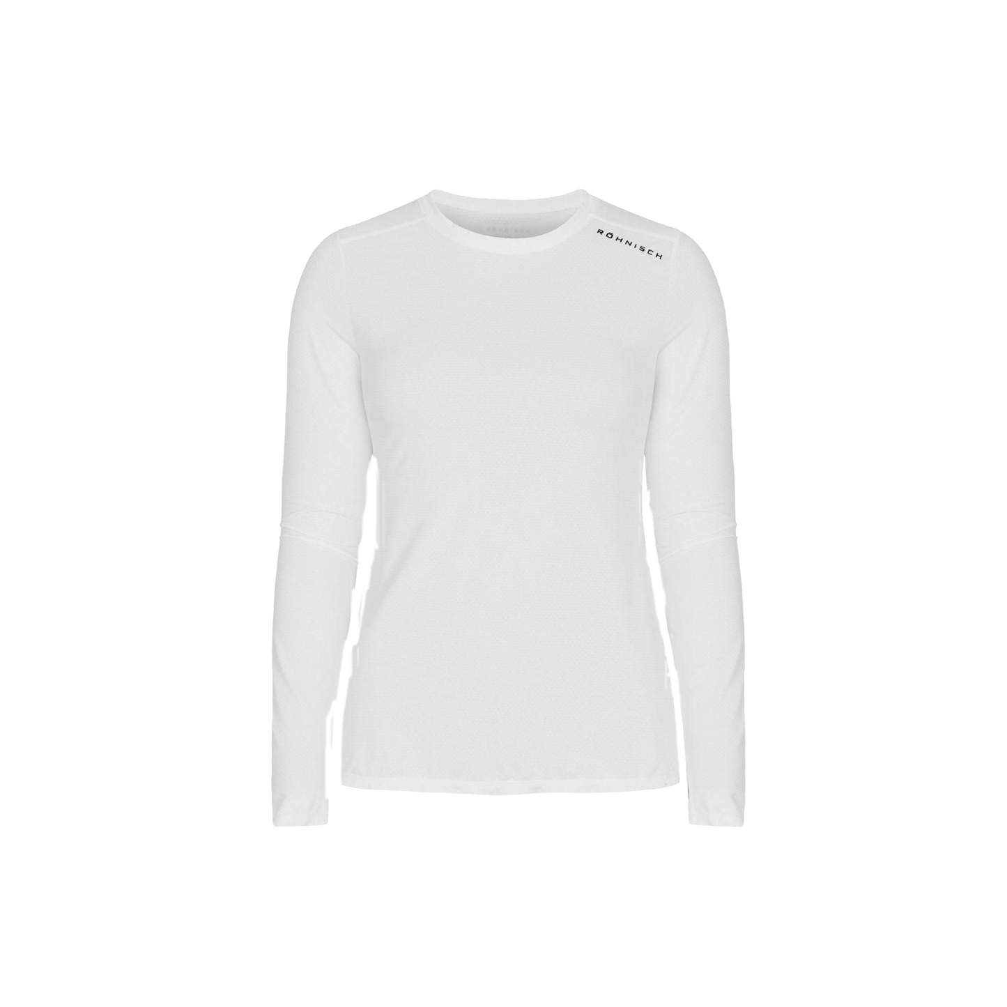 The Rohnisch Jacquard Long Sleeve Tee is a white shirt with a crew neck and small text on the left shoulder atop black. Made from recycled polyester, it offers moisture-wicking comfort.