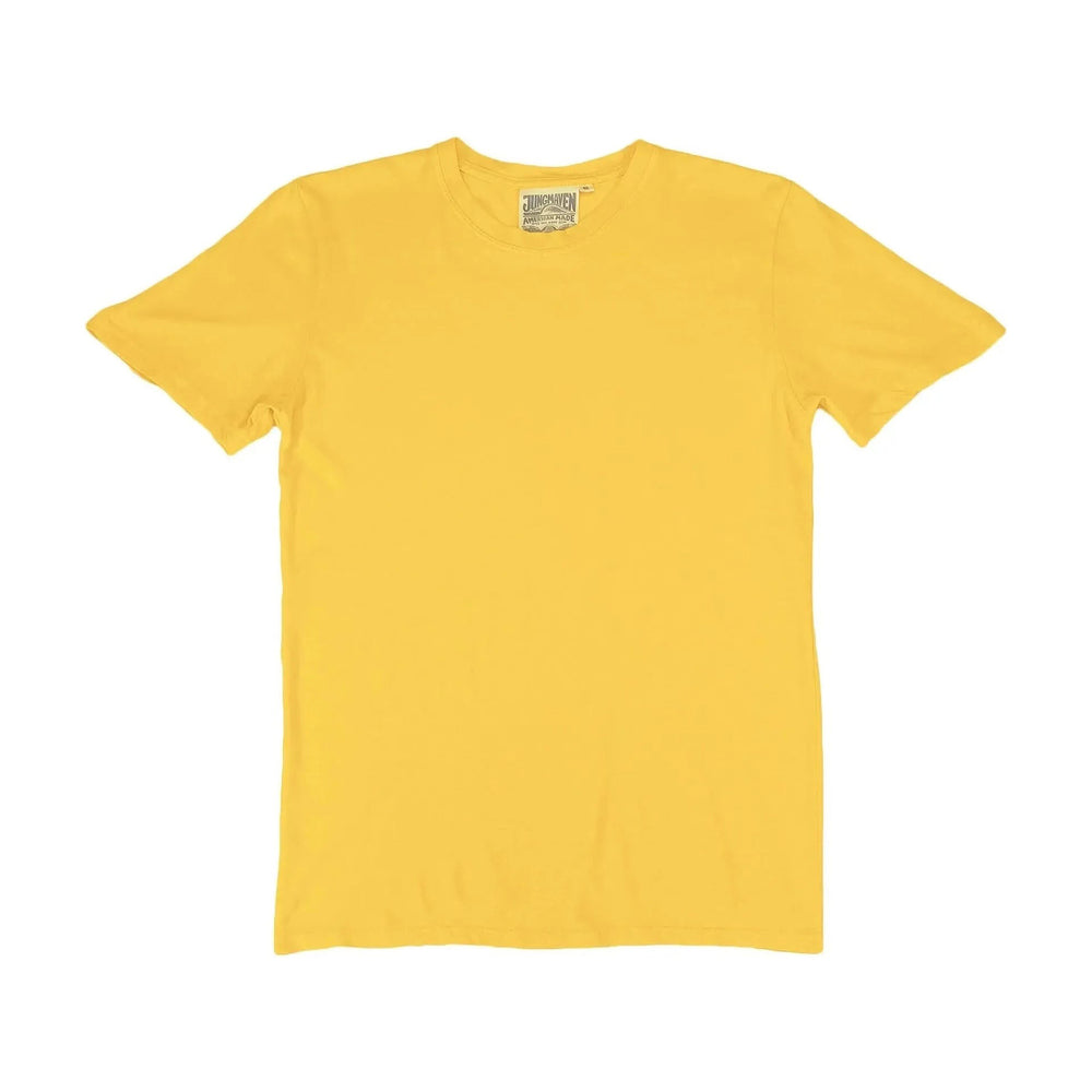 The Jungmaven Basic Tee 3.6oz in Sunshine Yellow, a breathable unisex short-sleeve shirt, is laid flat on a white background.