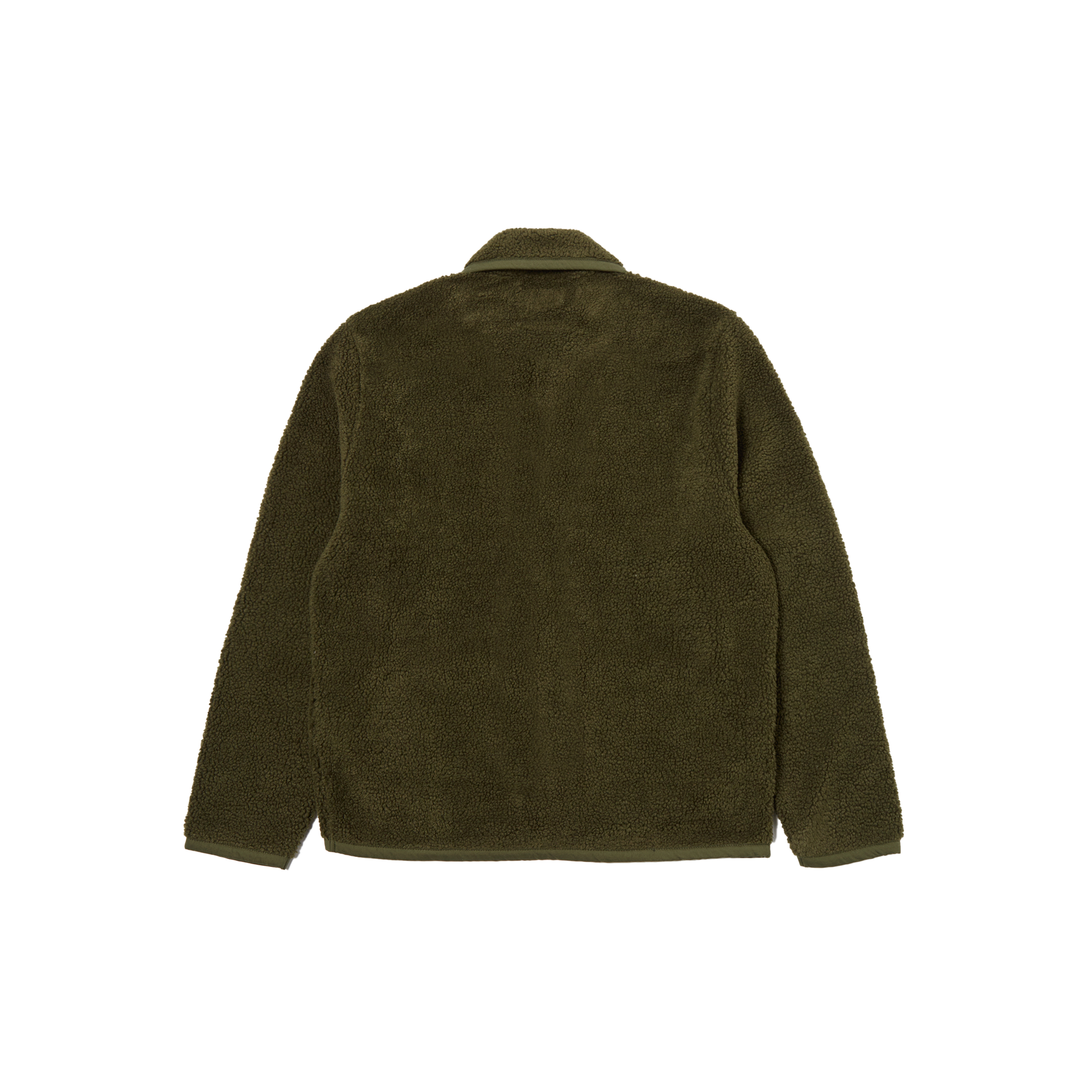 The olive green Lancaster Fleece Jacket by Universal Works features a classic fleece texture and clean design, highlighted by a shawl collar and long sleeves visible from the back.
