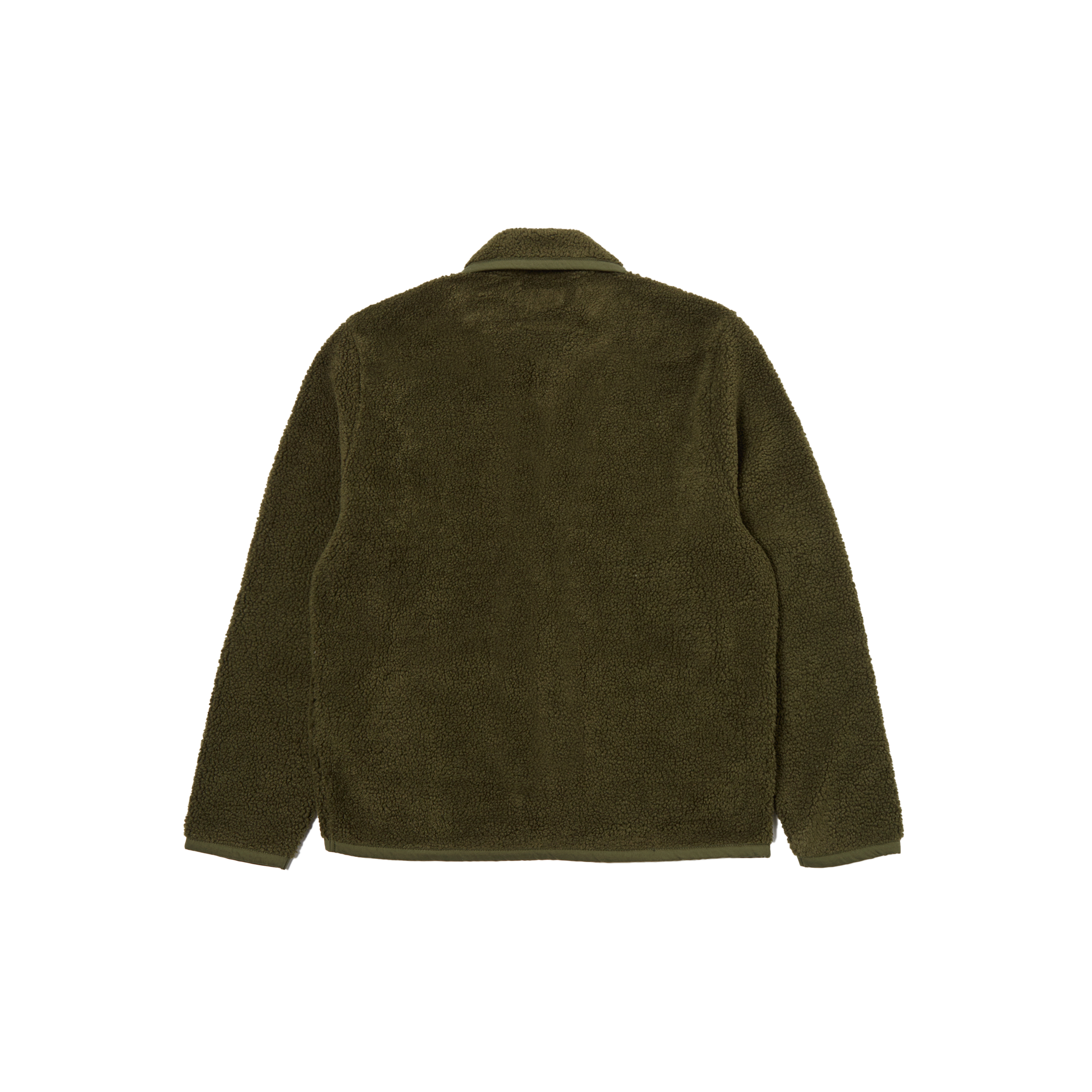 The olive green Lancaster Fleece Jacket by Universal Works features a classic fleece texture and clean design, highlighted by a shawl collar and long sleeves visible from the back.