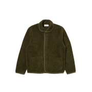 Introducing the Lancaster Fleece Jacket by Universal Works in a rich olive green, featuring a sophisticated shawl collar, button front, and two generous pockets.