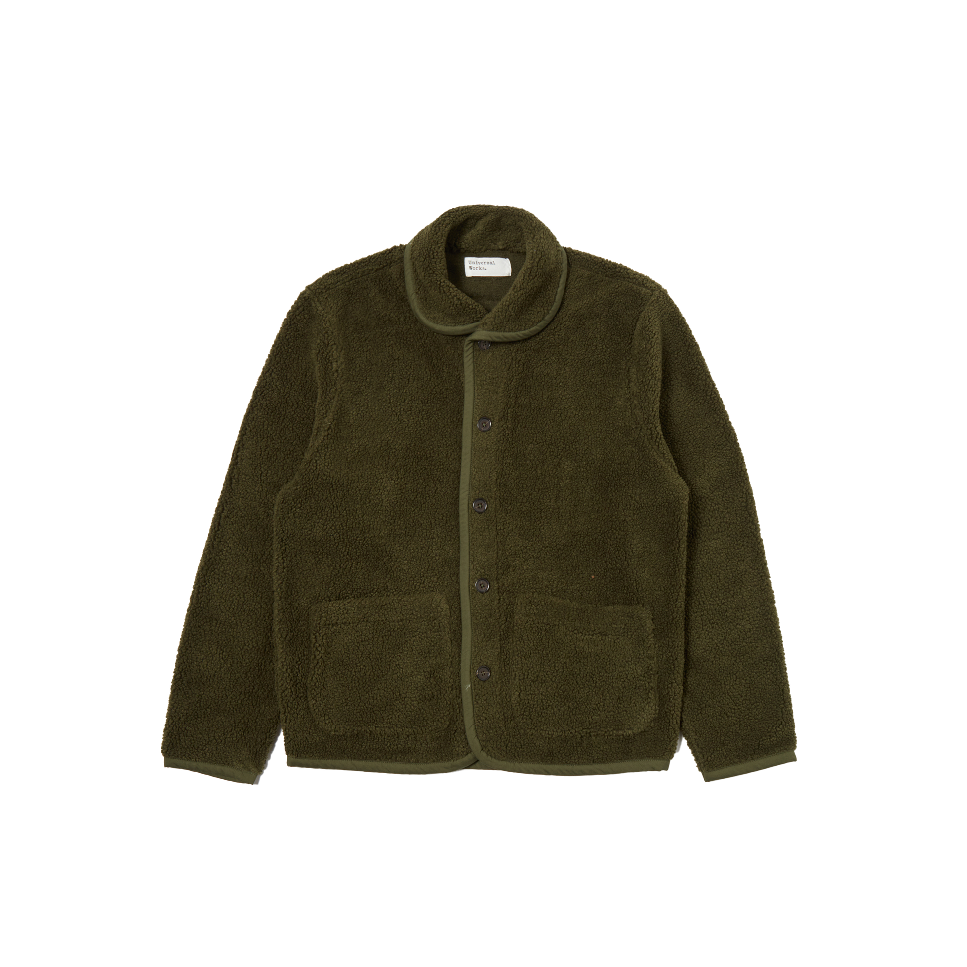 Introducing the Lancaster Fleece Jacket by Universal Works in a rich olive green, featuring a sophisticated shawl collar, button front, and two generous pockets.
