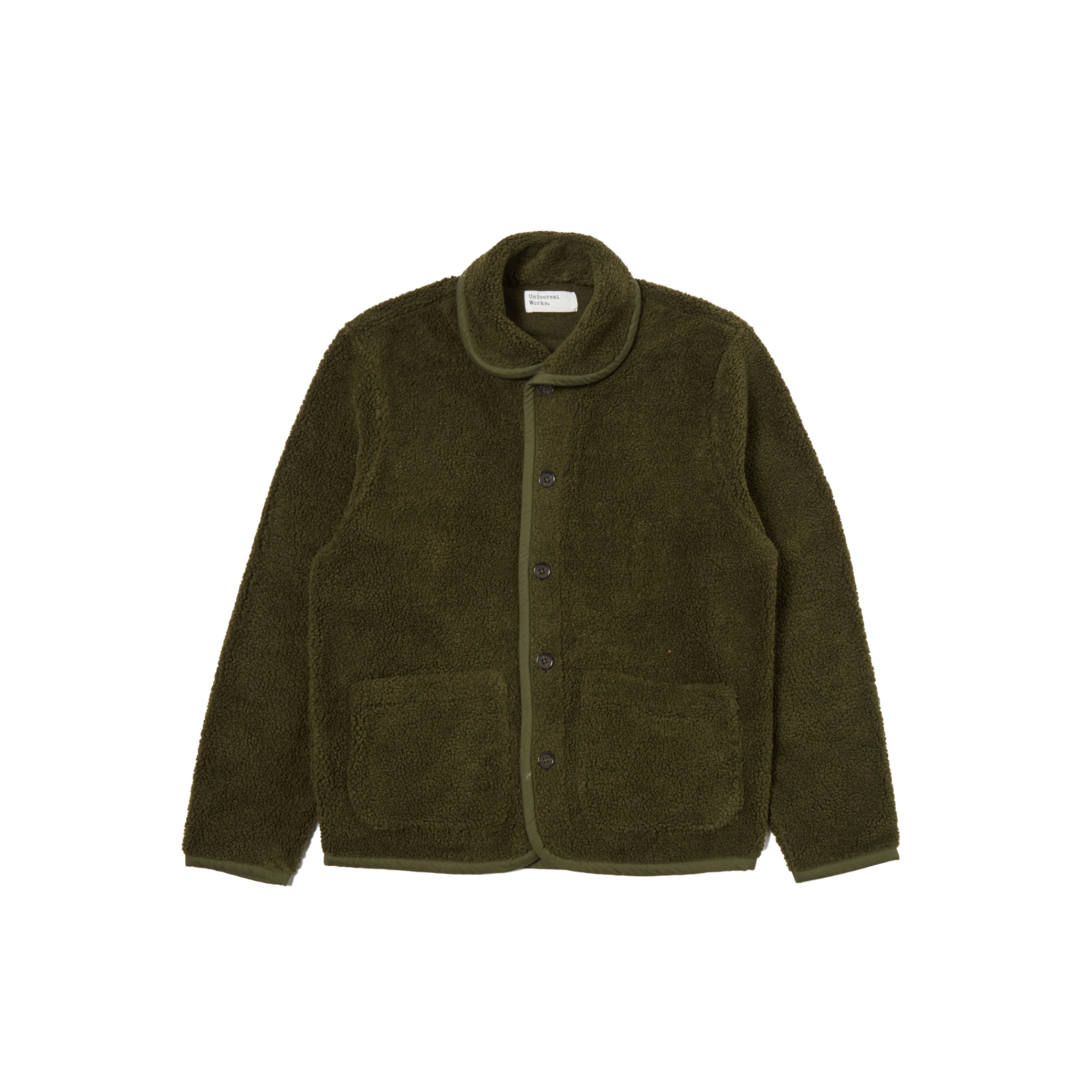 Introducing the Lancaster Fleece Jacket by Universal Works in a rich olive green, featuring a sophisticated shawl collar, button front, and two generous pockets.