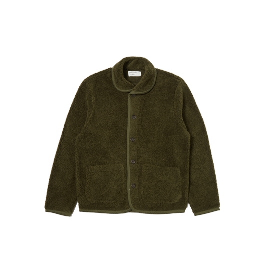 Introducing the Lancaster Fleece Jacket by Universal Works in a rich olive green, featuring a sophisticated shawl collar, button front, and two generous pockets.