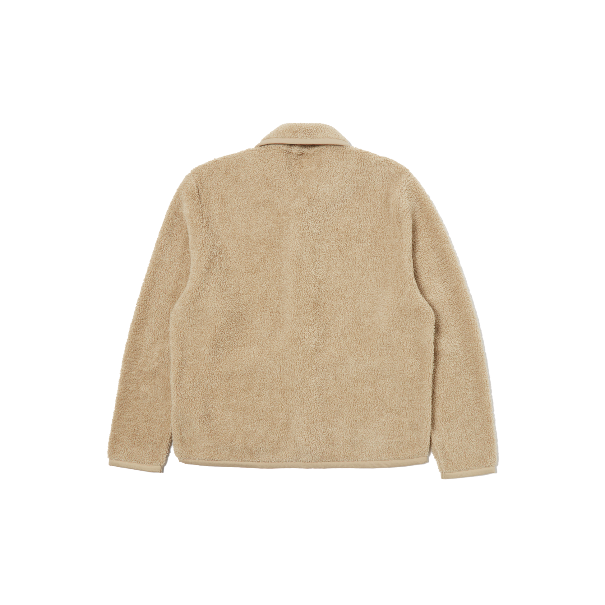 The back view of a beige Lancaster Fleece Jacket by Universal Works showcases its cozy fleece texture, complemented by a shawl collar and long sleeves, set against a white background.
