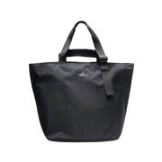 The Large Double Handle Tote by Bags in Progress is a black woven nylon bag with double handles and a detachable shoulder strap, set against a white background.