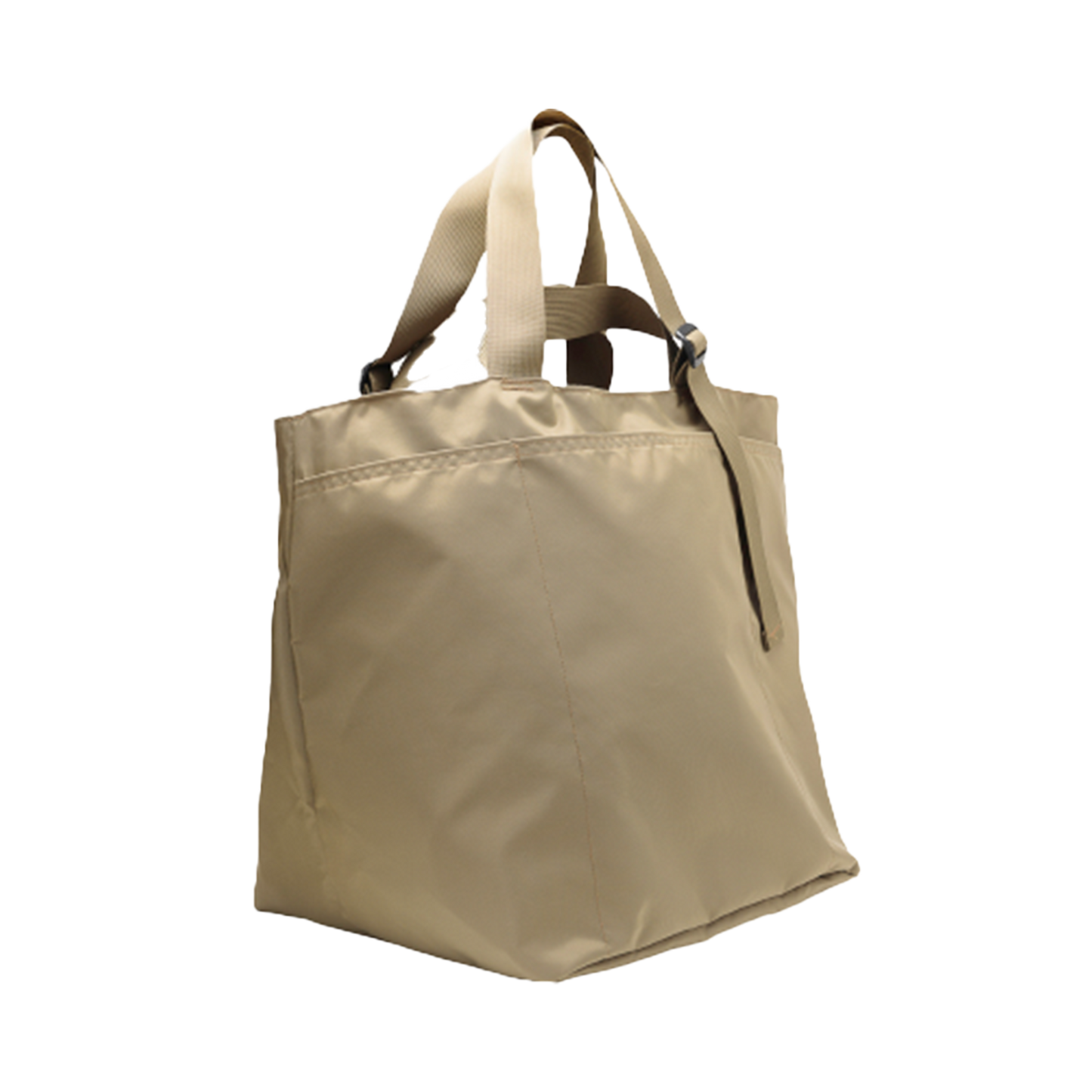 A spacious tote bag crafted from woven nylon, designed with short straps and a side profile view; the "Large Double Handle Tote" by Bags in Progress comes in beige.