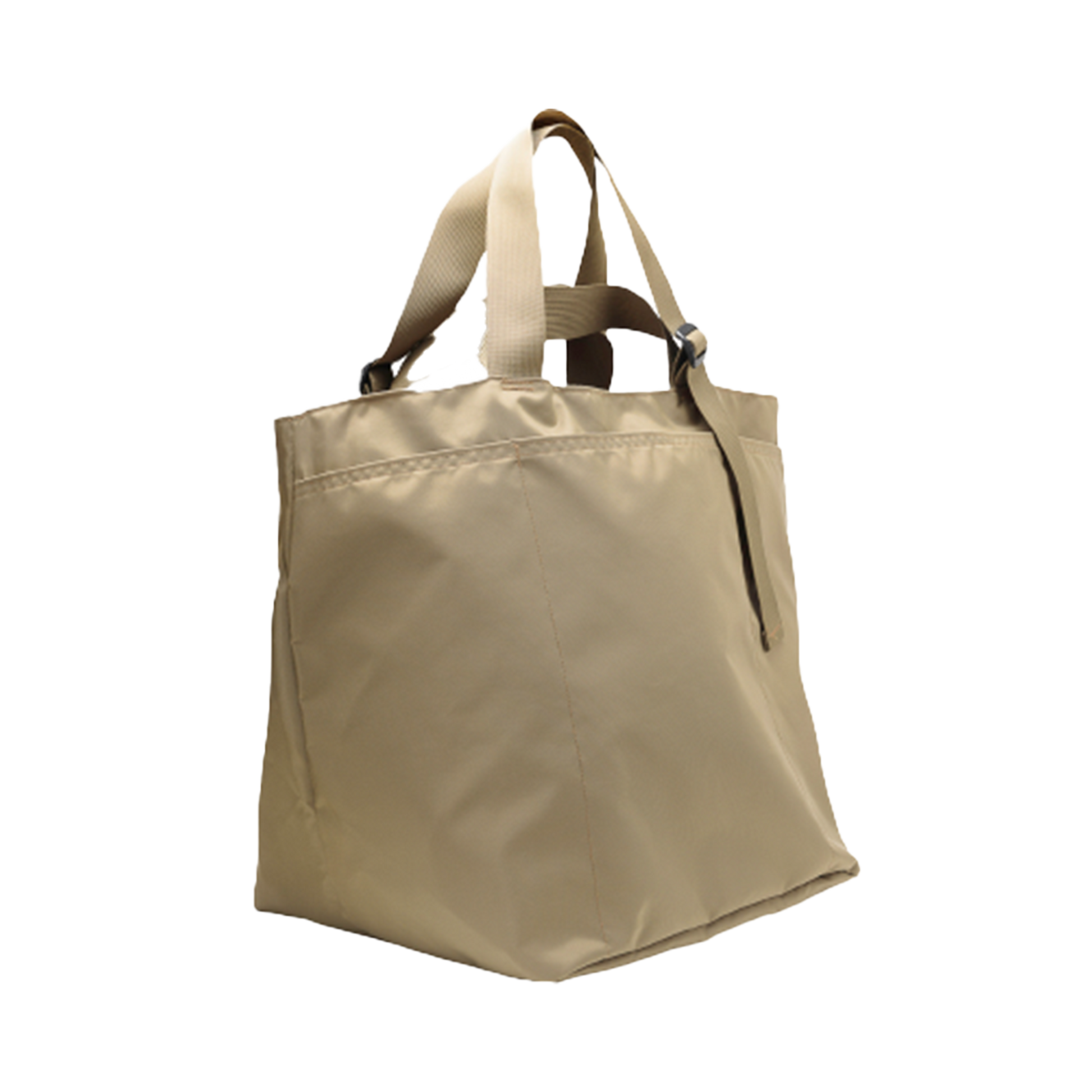 A spacious tote bag crafted from woven nylon, designed with short straps and a side profile view; the "Large Double Handle Tote" by Bags in Progress comes in beige.