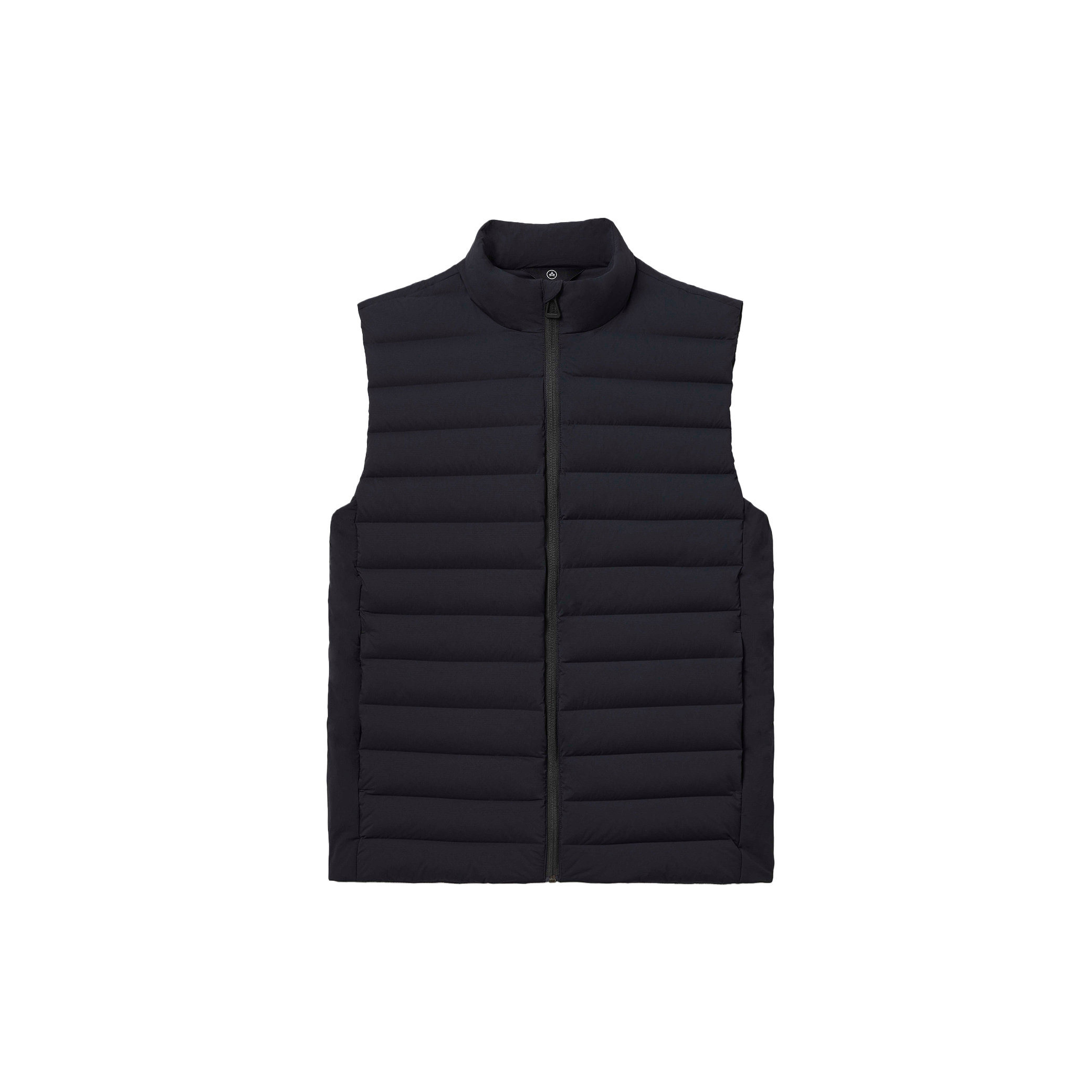 The Launch Vest by Aether is a black, lightweight sleeveless puffer vest that includes a front zipper and collar, providing insulated warmth and water-resistant protection.