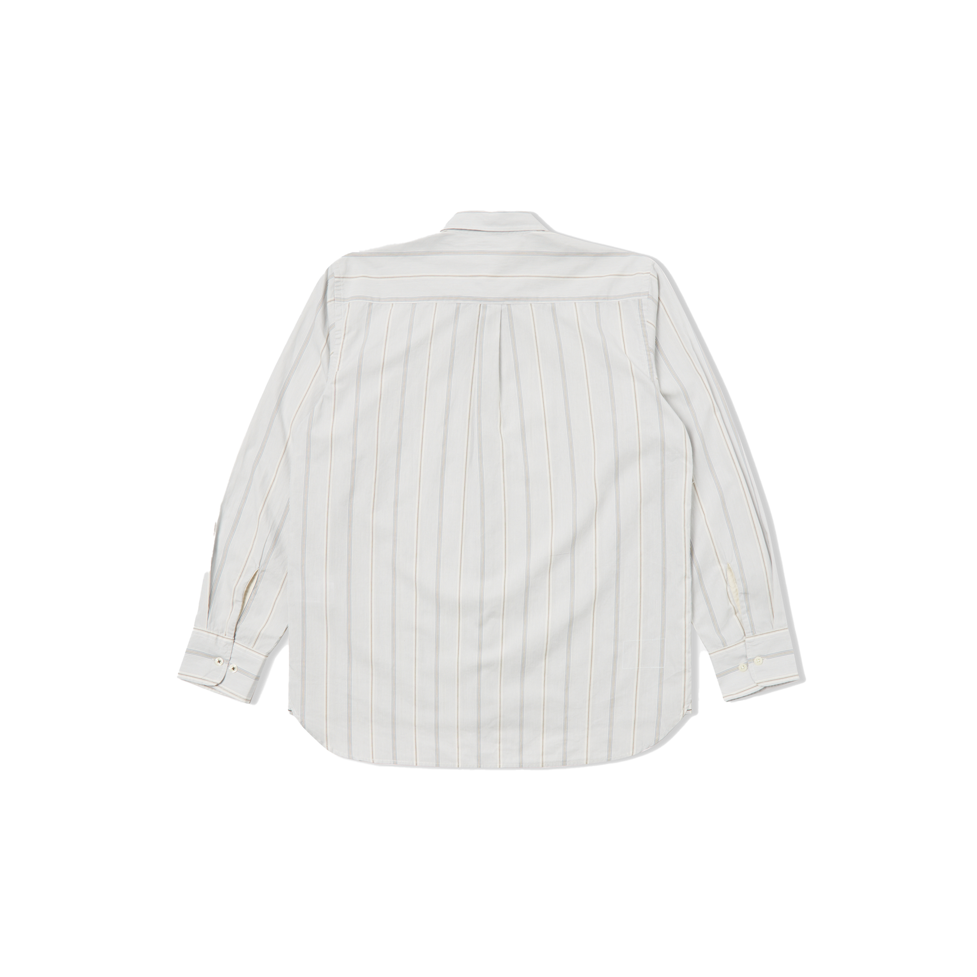 Universal Works Lazy Day Shirt in white, featuring thin vertical stripes and a relaxed fit long-sleeve button-up design, shown from the back against a black background.