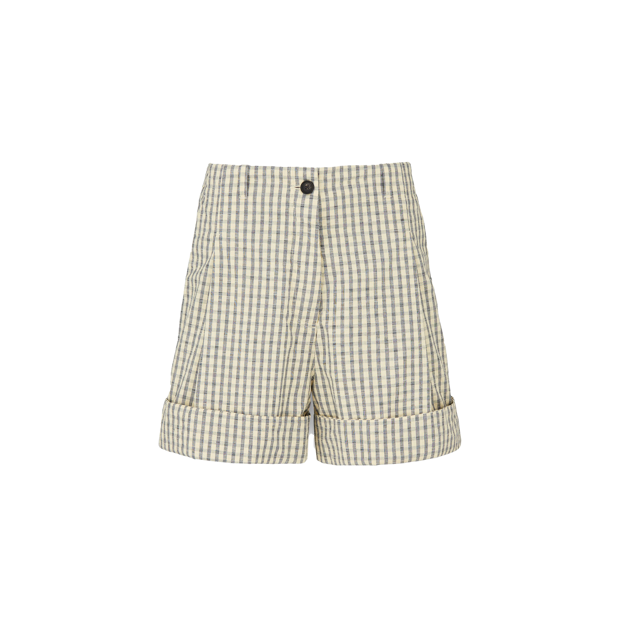 The Lee Shorts Check by Aiayu features cuffed hems, a black button, and a distinctive pattern of dark and light squares. Made from organic Chetna cotton, they combine style with sustainability and are GOTS certified.
