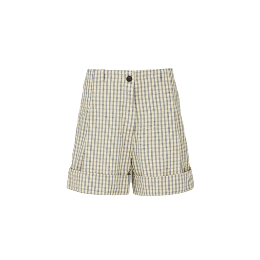 The Lee Shorts Check by Aiayu features cuffed hems, a black button, and a distinctive pattern of dark and light squares. Made from organic Chetna cotton, they combine style with sustainability and are GOTS certified.