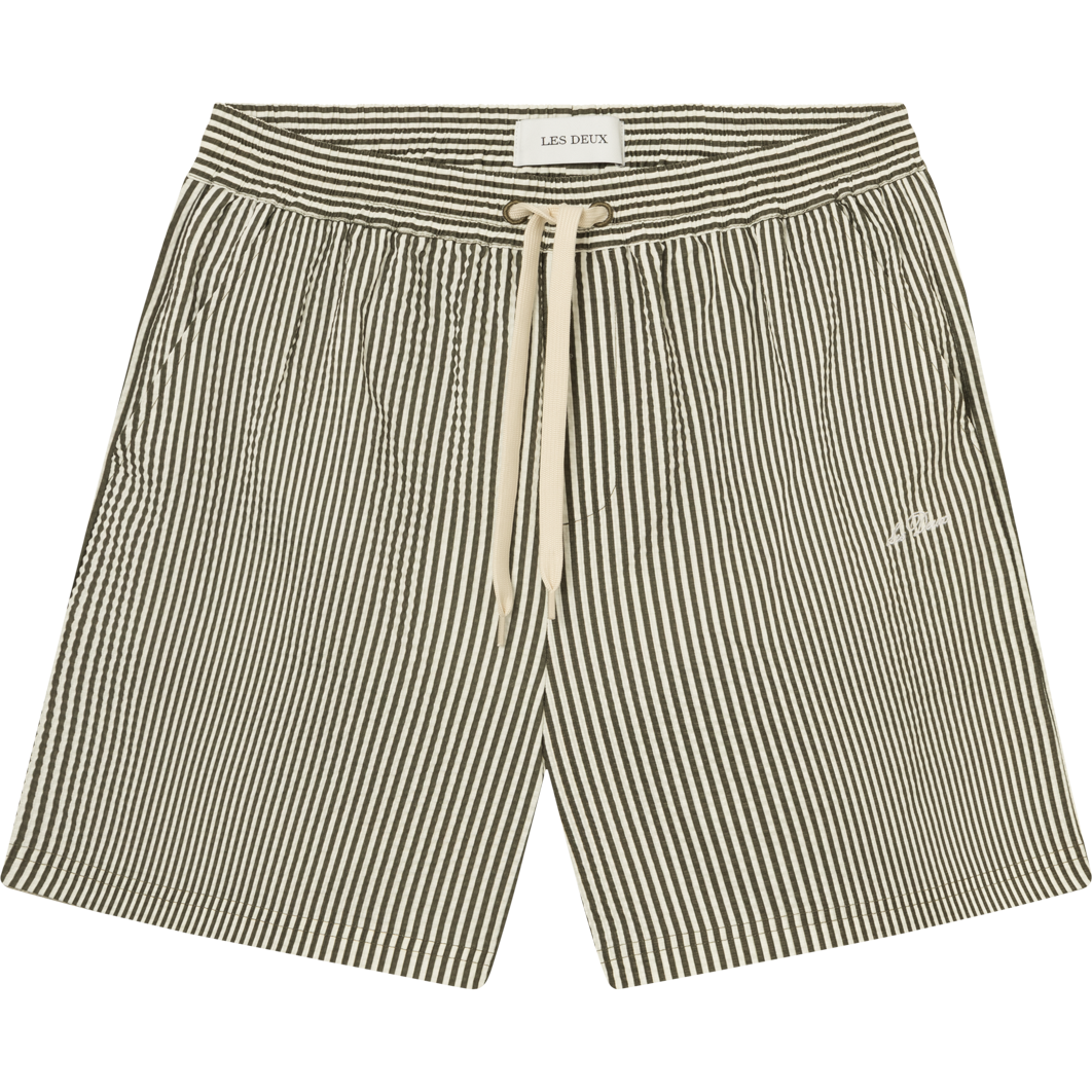 Les Deux M Swim Stan Stripe Seersucker Swim Shorts, Olive Night/Light Ivory