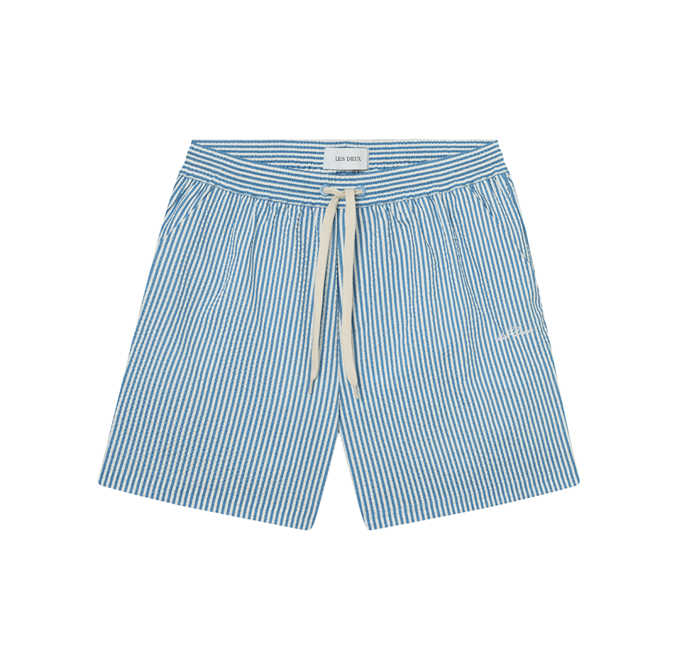 Les Deux M Swim Stan Stripe Seersucker Swim Shorts, Washed Denim Blue/Light Ivory